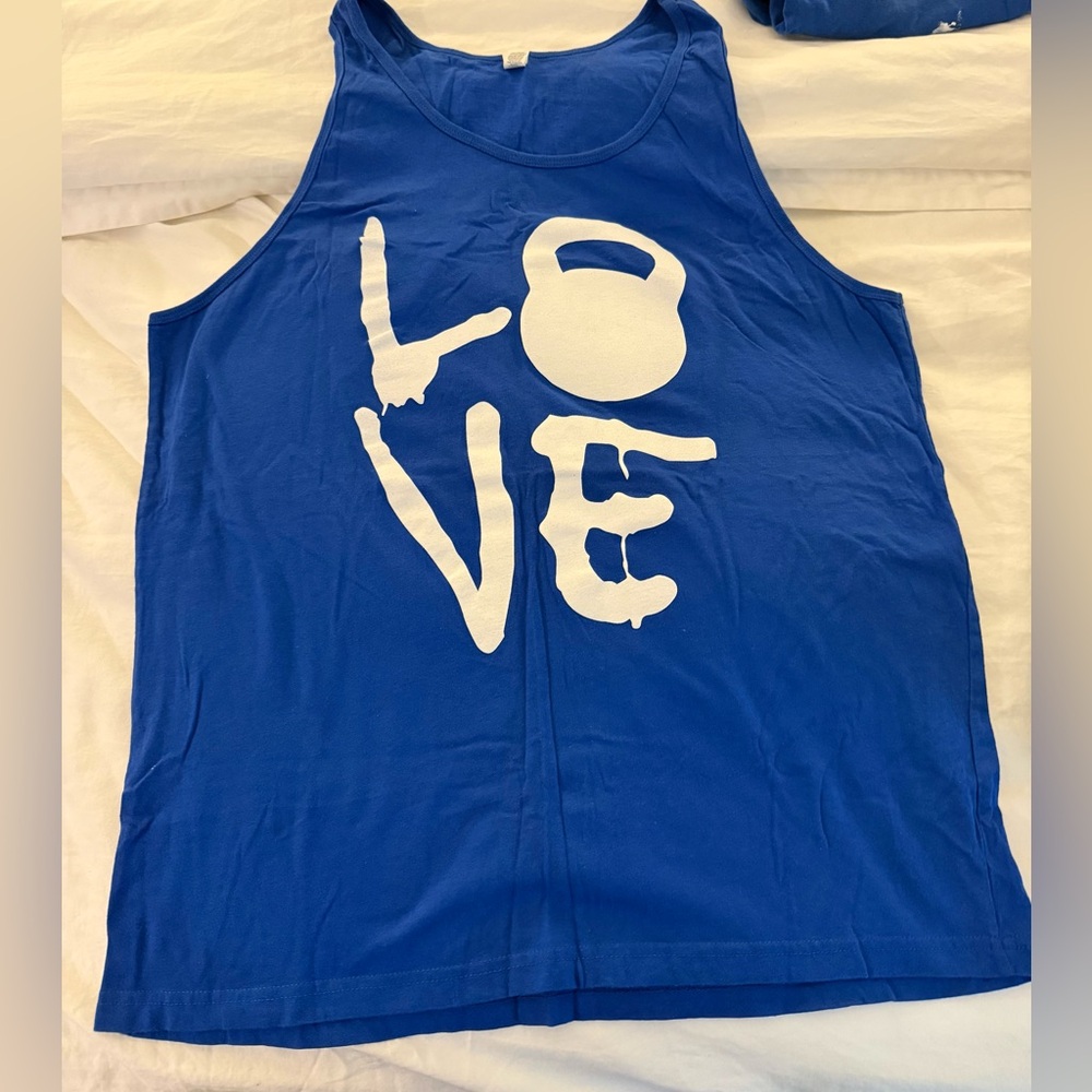 Blue Tank Top with White Love Kettlebell Design